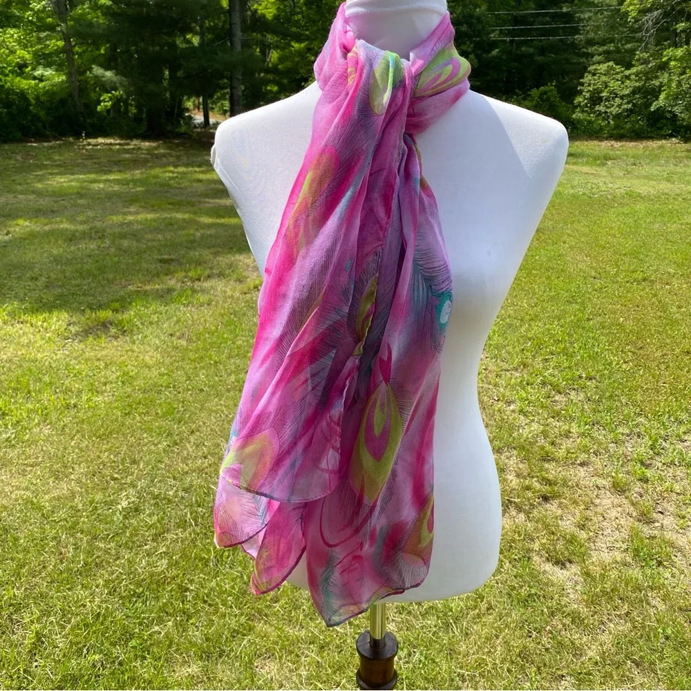 APEXX COLLECTION NEW SCARF PINK GREEN BLACK PEACOCK FEATHERS NWT WRAP RECTANGLE